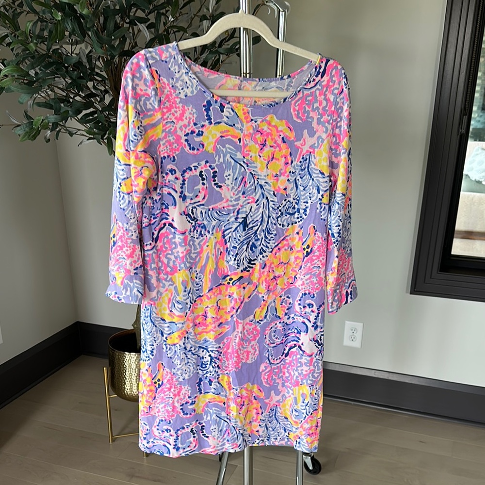 Lilly Pulitzer Pink and Yellow Sheath Dress 3/4 Sleeve Crew Neck